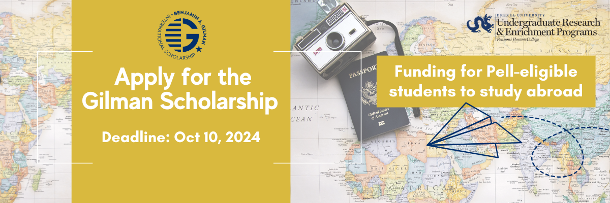 Apply for the Gilman Scholarship. Deadline: October 10, 2024. Funding for Pell-eligible students to study abroad.